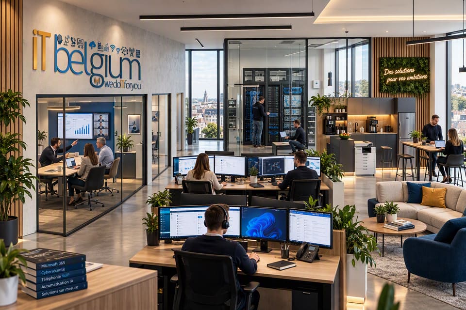 Espace de travail iT Belgium : bureaux, salle de réunion et coin support